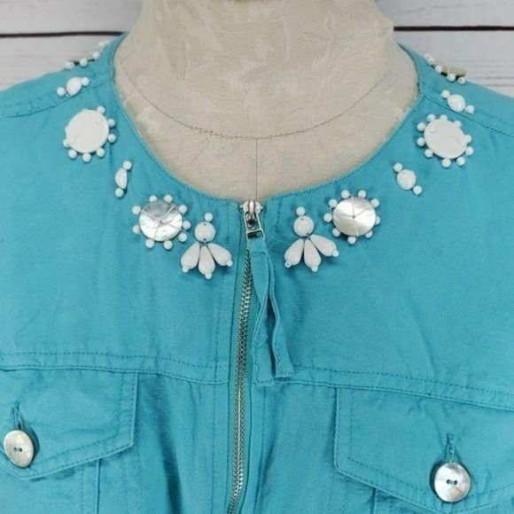 Ruby Rd Women's Blue Beaded Half Peplum Zip Up‎ Rayon Linen Jacket Size 8 - Picture 6 of 7